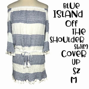 Blue Island blue and white stripe off the shoulder cover up 
Size M